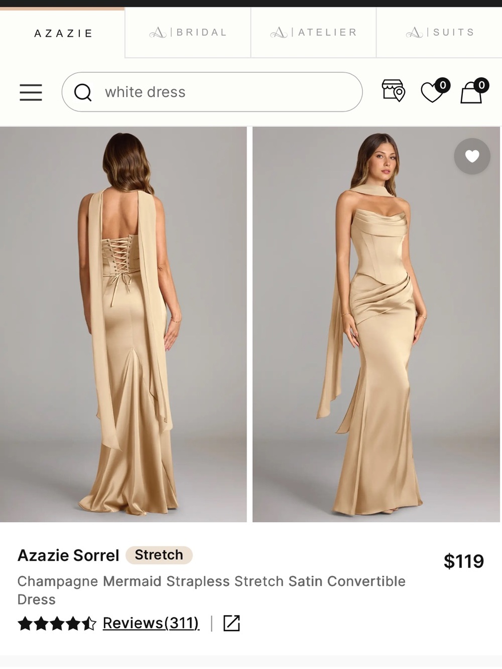 Azazie Strapless Satin Evening Gown in Champagne 12 - Picture 2 of 4